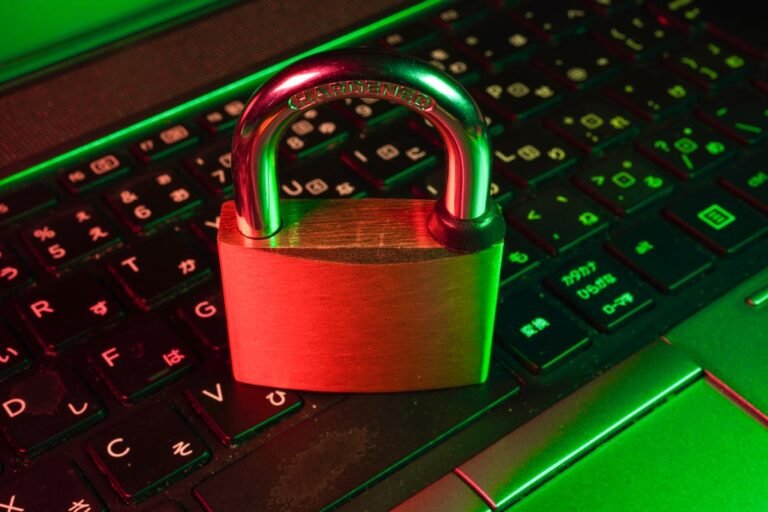 Laptop with a VPN connection shield, used to access US services from abroad