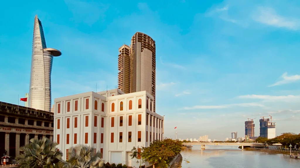 The Saigon River in Ho Chi Minh City, with the Bitexco Financial Tower rising above District 1
